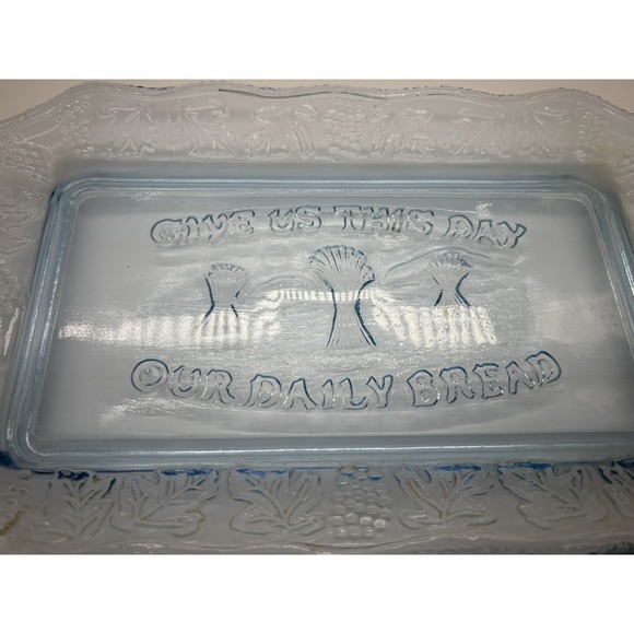 Glass Plate Crystal Blue Tray Give Us This Day Our Daily Bread 10.5"L x 7"W - Picture 3 of 6